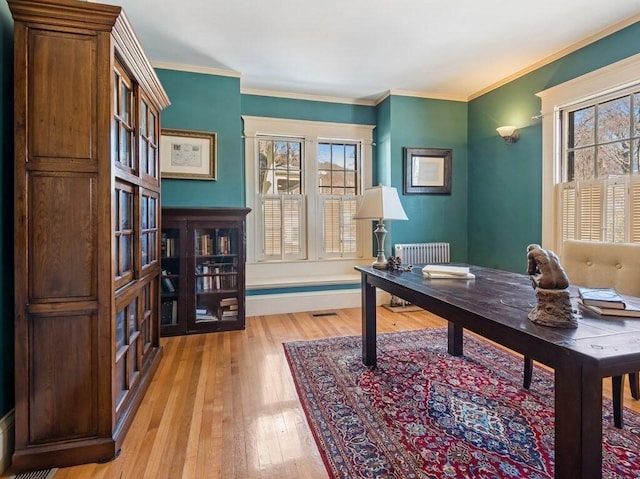 office space featuring ornamental molding, light hardwood / wood-style floors, and a wealth of natural light