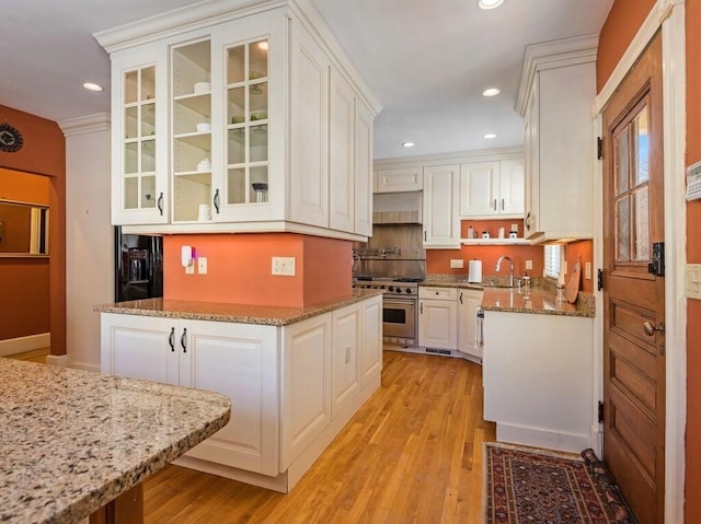 kitchen featuring light stone counters, high end stove, and white cabinets