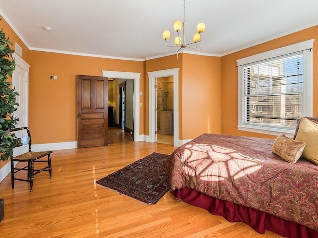 bedroom with crown molding, a notable chandelier, and light wood-type flooring