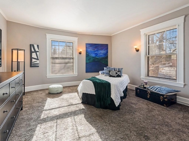 carpeted bedroom with crown molding