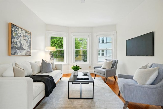 living area with plenty of natural light, wood finished floors, and baseboards