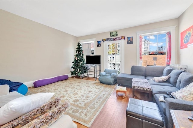 living area with hardwood / wood-style floors and baseboards