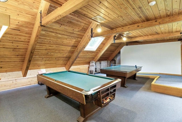611 Old Stone Brk Unit 611, Acton, MA 01718 - rec room featuring wooden ceiling, pool table, carpet flooring, a skylight, and wooden walls