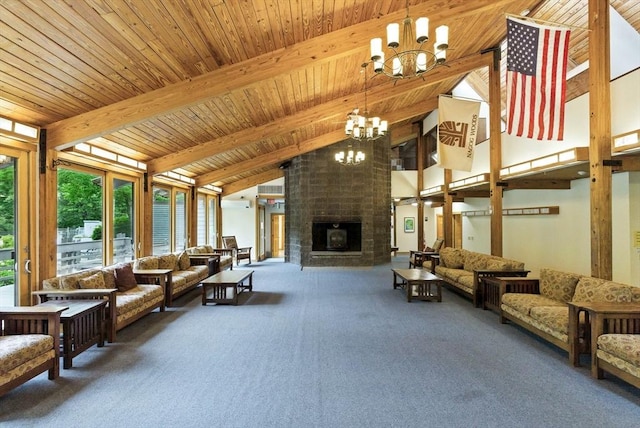 611 Old Stone Brk Unit 611, Acton, MA 01718 - carpeted living area featuring a chandelier, a wooden ceiling with exposed beams, a brick fireplace, and high vaulted ceiling