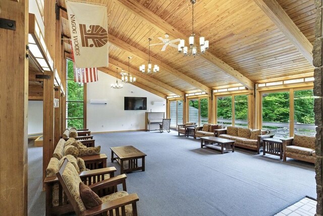 611 Old Stone Brk Unit 611, Acton, MA 01718 - living area featuring a chandelier, carpet floors, plenty of natural light, a wood ceiling with exposed beams, and high vaulted ceiling