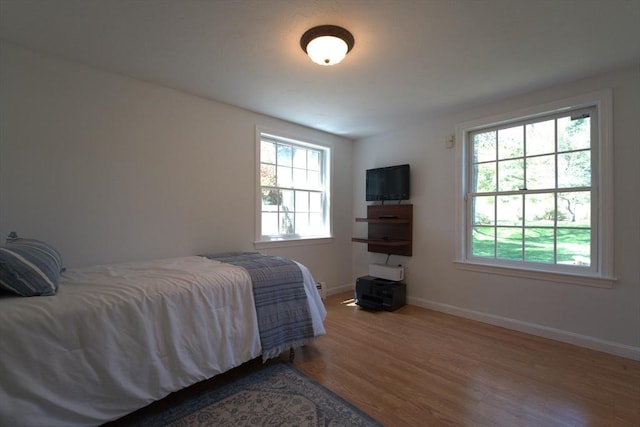 bedroom with baseboards, wood finished floors, and multiple windows