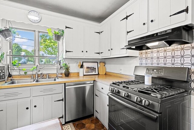 206 Pleasant St, North Andover, MA 01845 - kitchen featuring gas range, dishwasher, under cabinet range hood, a sink, and tasteful backsplash