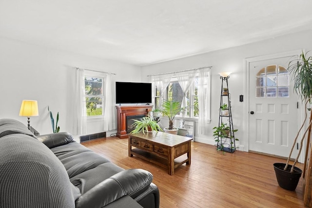 206 Pleasant St, North Andover, MA 01845 - living area with light wood-style floors, a glass covered fireplace, and baseboards