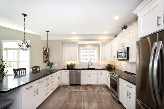 29 Spyglass Ln, Plymouth, MA 02360 - kitchen featuring appliances with stainless steel finishes, a sink, plenty of natural light, a peninsula, and crown molding