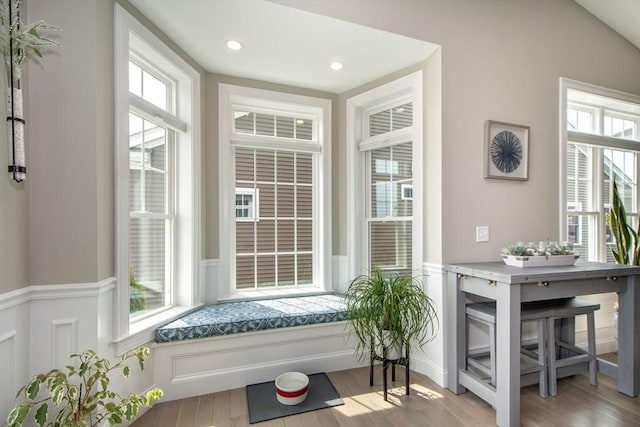 29 Spyglass Ln, Plymouth, MA 02360 - doorway with wainscoting, light wood-style floors, a decorative wall, and recessed lighting