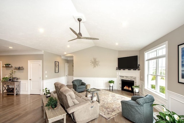 29 Spyglass Ln, Plymouth, MA 02360 - living room with ceiling fan, wainscoting, a lit fireplace, wood finished floors, and recessed lighting