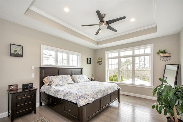 29 Spyglass Ln, Plymouth, MA 02360 - bedroom with a raised ceiling, multiple windows, ornamental molding, light wood-style floors, and baseboards