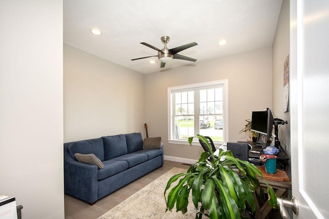 29 Spyglass Ln, Plymouth, MA 02360 - living area with a desk, recessed lighting, a ceiling fan, light wood-style flooring, and baseboards