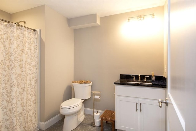 29 Spyglass Ln, Plymouth, MA 02360 - bathroom featuring toilet, vanity, baseboards, tile patterned flooring, and curtained shower