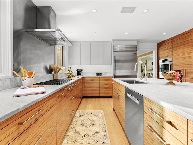 kitchen with appliances with stainless steel finishes, island range hood, sink, light stone counters, and light hardwood / wood-style flooring