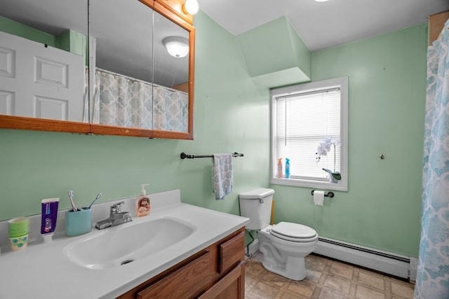 bathroom with toilet, vanity, baseboard heating, and a shower with shower curtain