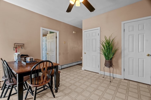 dining room with ceiling fan and baseboard heating