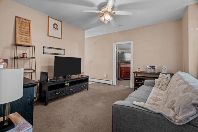 carpeted living room with ceiling fan and a baseboard heating unit