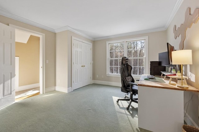 home office featuring ornamental molding, carpet flooring, and baseboards