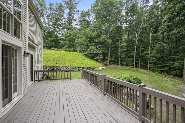 wooden deck featuring a lawn