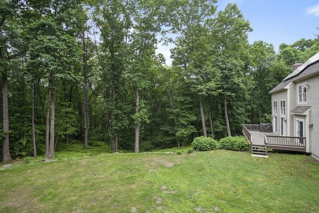 view of yard featuring a deck and a wooded view