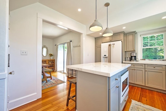 15 N Pleasant, Dartmouth, MA 02748 - kitchen with gray cabinetry, white appliances, light wood-style floors, and recessed lighting