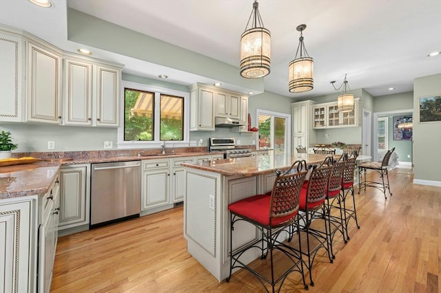 15 Keyes House Rd, Shrewsbury, MA 01545 - kitchen featuring appliances with stainless steel finishes, light wood finished floors, under cabinet range hood, a kitchen island, and a kitchen bar