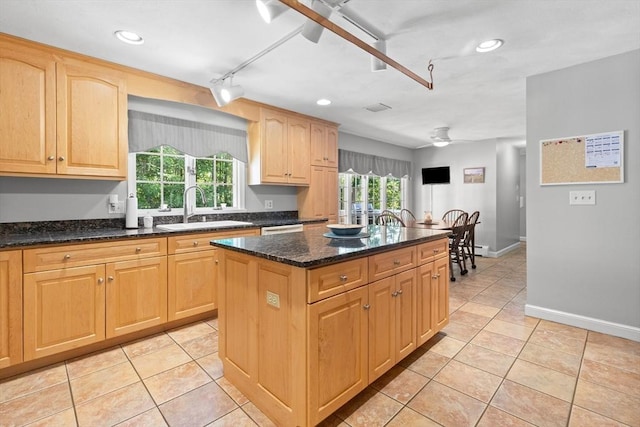 1 Burnham Ln, Danvers, MA 01923 - kitchen with a center island, light tile patterned floors, light brown cabinets, dark stone countertops, and recessed lighting