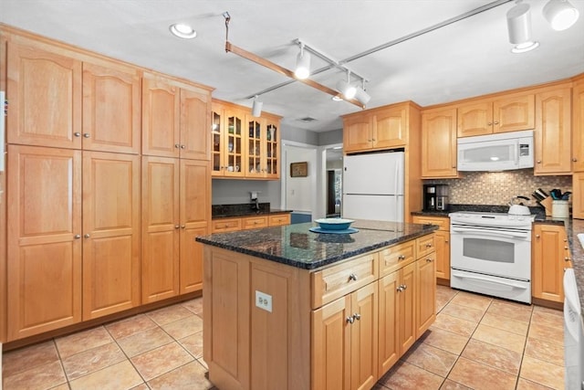1 Burnham Ln, Danvers, MA 01923 - kitchen with white appliances, light brown cabinetry, light tile patterned floors, and glass insert cabinets
