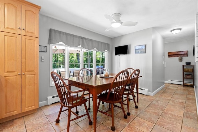 1 Burnham Ln, Danvers, MA 01923 - dining area with a baseboard radiator, a ceiling fan, and light tile patterned flooring