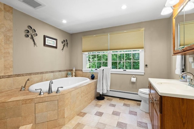 1 Burnham Ln, Danvers, MA 01923 - full bathroom featuring a garden tub, vanity, a baseboard heating unit, and recessed lighting