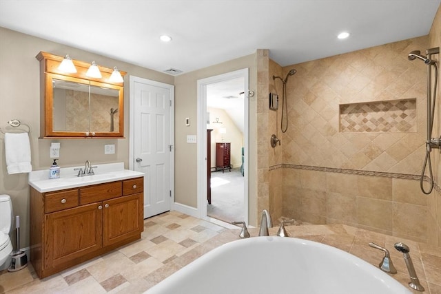 1 Burnham Ln, Danvers, MA 01923 - bathroom featuring a bathtub, vanity, tiled shower, and recessed lighting