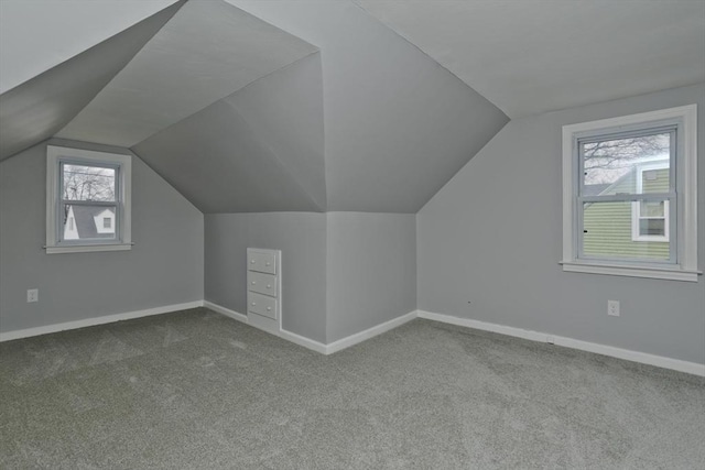 additional living space with carpet flooring, a healthy amount of sunlight, and lofted ceiling