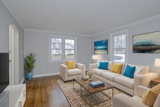 living room with crown molding and dark wood-type flooring