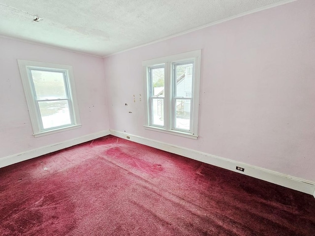 spare room with baseboards, ornamental molding, a textured ceiling, and carpet