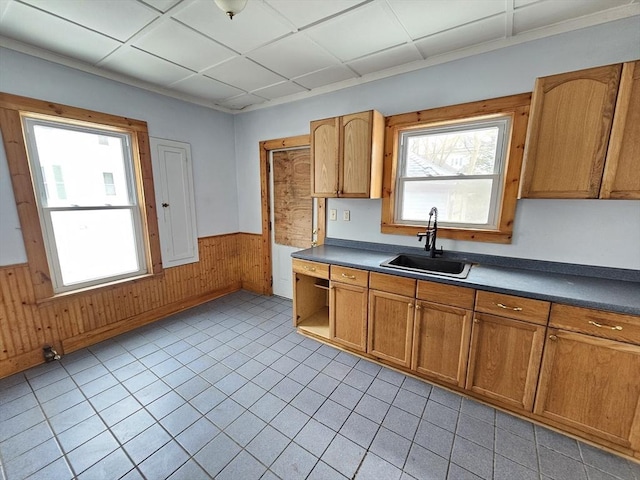 kitchen featuring wooden walls, dark countertops, light tile patterned floors, a sink, and wainscoting