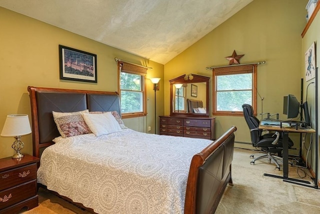 113 Edgehill Rd Unit 113, Norwood, MA 02062 - carpeted bedroom featuring lofted ceiling, multiple windows, a textured ceiling, a desk, and baseboard heating