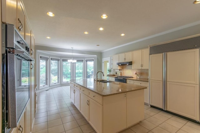 109 Wild Grove Ln, Longmeadow, MA 01106 - kitchen with paneled built in refrigerator, black gas stove, a sink, crown molding, and under cabinet range hood