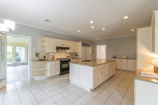 109 Wild Grove Ln, Longmeadow, MA 01106 - kitchen featuring open shelves, gas stove, under cabinet range hood, ornamental molding, and a sink