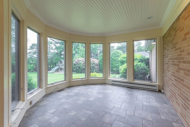 109 Wild Grove Ln, Longmeadow, MA 01106 - unfurnished sunroom with a baseboard radiator, stone tile flooring, ornamental molding, and brick wall