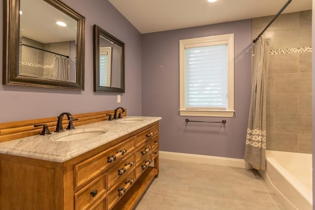 109 Wild Grove Ln, Longmeadow, MA 01106 - full bathroom featuring baseboards, double vanity, tile patterned flooring, shower / tub combo, and recessed lighting