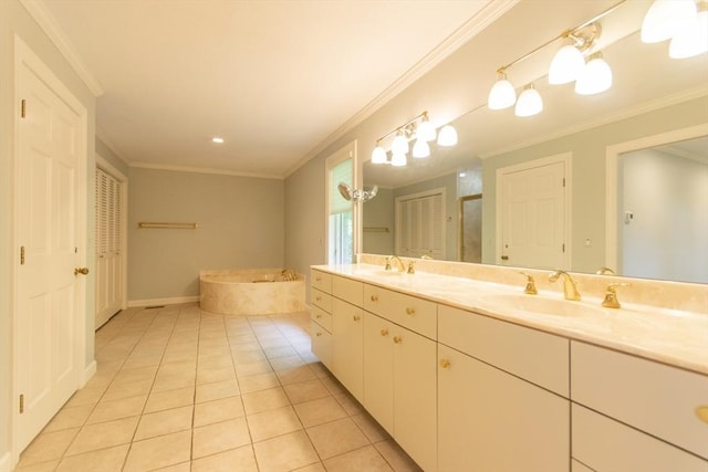 109 Wild Grove Ln, Longmeadow, MA 01106 - bathroom with a bath, double vanity, tile patterned floors, a shower stall, and crown molding