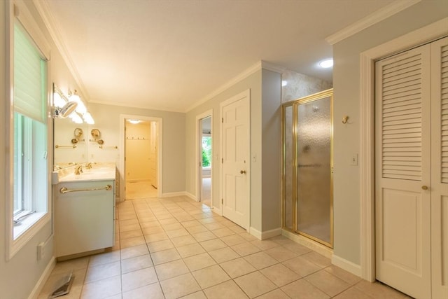 109 Wild Grove Ln, Longmeadow, MA 01106 - bathroom with tile patterned flooring, vanity, a closet, and crown molding