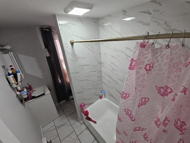 21 John, Worcester, MA 01609 - bathroom featuring shower / bath combo with shower curtain and marble finish floor