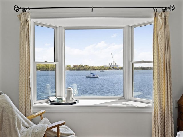 interior space with a water view
