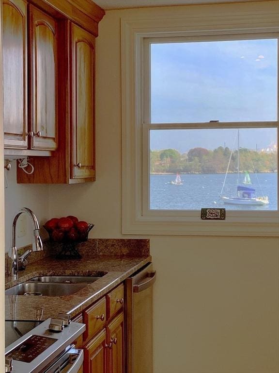 kitchen with brown cabinets, dark stone counters, a sink, and dishwasher