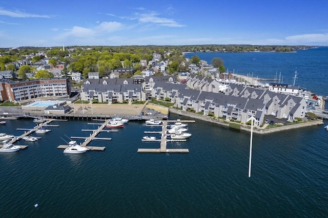 drone / aerial view featuring a water view