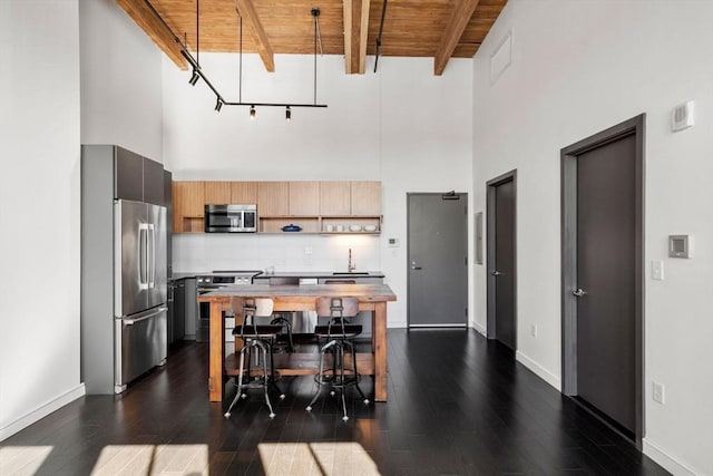 kitchen featuring stainless steel appliances, wood ceiling, backsplash, beamed ceiling, and dark wood finished floors