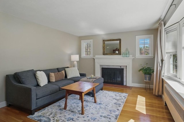 living area with radiator, plenty of natural light, a fireplace, and wood finished floors