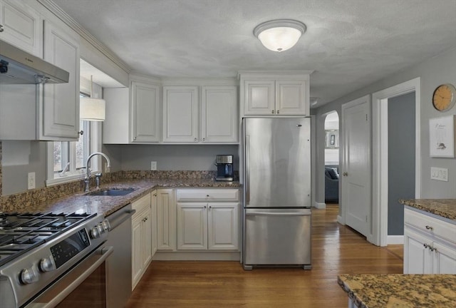 kitchen with wood finished floors, under cabinet range hood, a sink, dark stone countertops, and appliances with stainless steel finishes